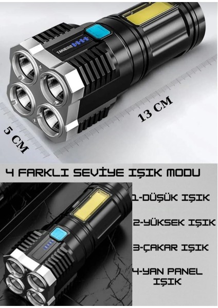 Çok Amaçlı 4 Fonksiyonlu Su Geçirmez Şarjlı Kitap Okuma,kamp,acil Durum Işığı 100 Lümen El Feneri
