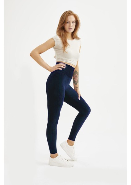 Kadın Oversize Büyük Beden French Veleour Kadife Fitilli Lacivert Tayt