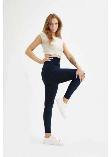 Kadın Oversize Büyük Beden French Veleour Kadife Fitilli Lacivert Tayt fiyatları