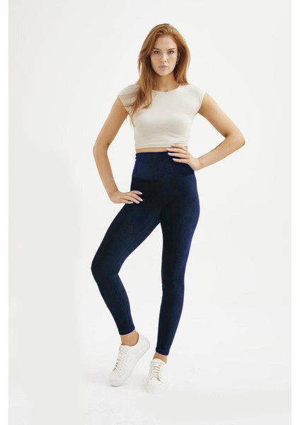 Kadın Oversize Büyük Beden French Veleour Kadife Fitilli Lacivert Tayt modelleri