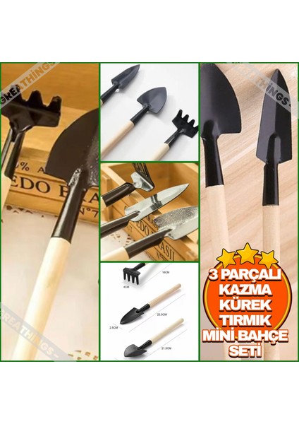 3 Parçalı Kazma Kürek Tırmık Mini Bahçe Bitki ve Hobi Seti