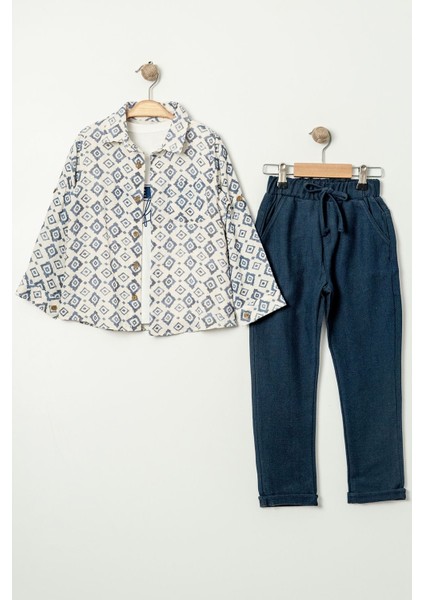 Etnik Desen Müslin Pamuk Gömlek Keten Pantolon Erkek çocuk takım - Mavi