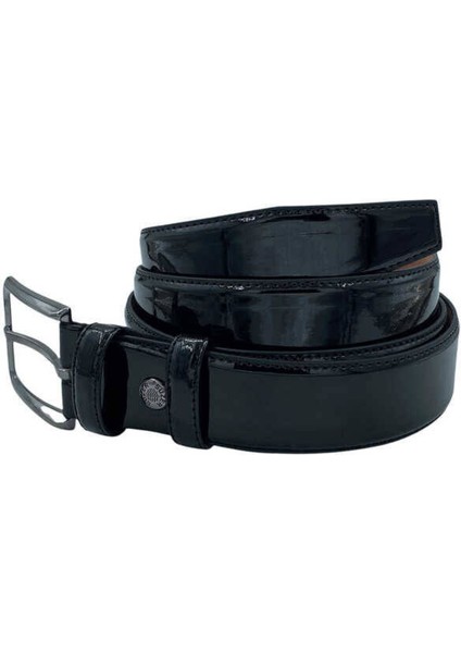 Siyah Rugan Suni Deri Düz Model Dikişli 3.5 Cm.lik Klasik Kemer - 8001-DÜZ-22K-E