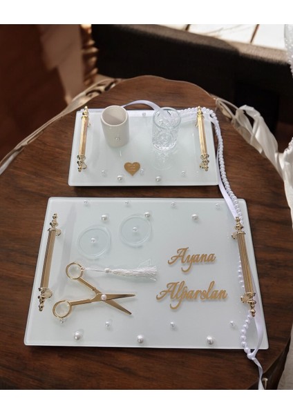 Bonding Gold Beyaz Incili Söz Tepsisi Nişan Tepsisi ve Damat Kahve Fincan Tepsisi