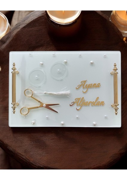 Bonding Gold Beyaz Incili Söz Tepsisi Nişan Tepsisi ve Damat Kahve Fincan Tepsisi