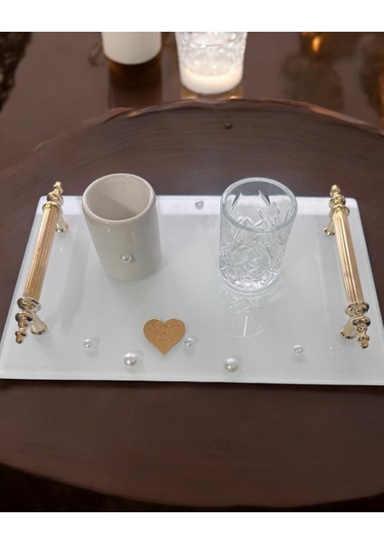 Bonding Gold Beyaz Incili Söz Tepsisi Nişan Tepsisi ve Damat Kahve Fincan Tepsisi