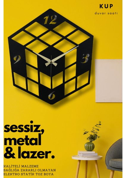 Küp Model Metal Dekoratif Lazer Kesim SESSİZ Akar Mekanizmalı Duvar Saati 40*40cm