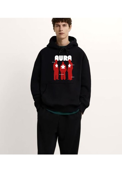 Aura Oversize Siyah Hoodie Kapşonlu Sweatshirt Kalın Kumaş