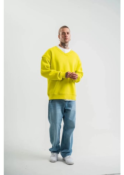 By Kea Geniş V Yaka Kol Ribana Detaylı Sweatshirt - Sarı