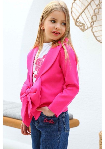 Kız Çocuk Digital ve Yazı Baskılı Tişört Önü Fiyonklu Blazer Ceket Pembe Alt Üst Takım fiyatları