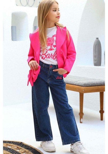 Kız Çocuk Digital ve Yazı Baskılı Tişört Önü Fiyonklu Blazer Ceket Pembe Alt Üst Takım modelleri