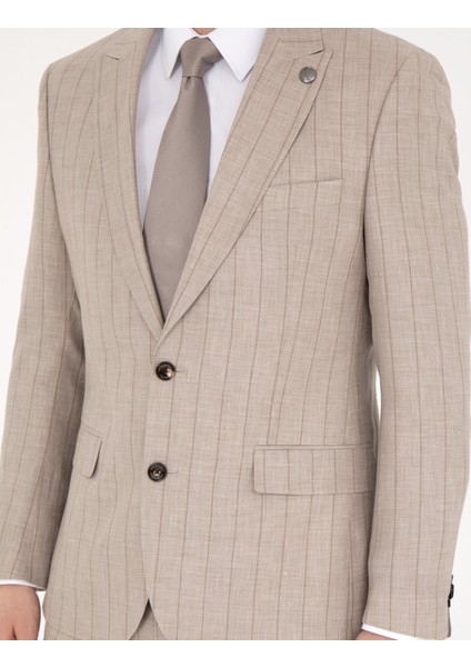 Erkek Bej Slim Fit Yün Keten Karışımlı Çizgili Takım Elbise 50285350-VR011