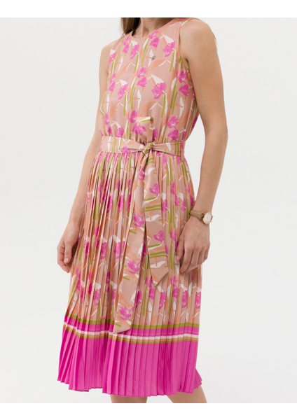 Kadın Fuşya Kuşak Detaylı Pileli Midi Elbise 50269348-VR023