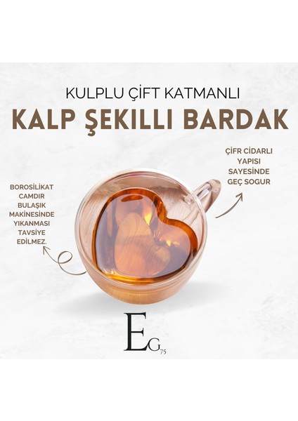 2 Adet Kalp Şekilli 250ML. Çift Cidarlı Kahve ve Çay Bardağı