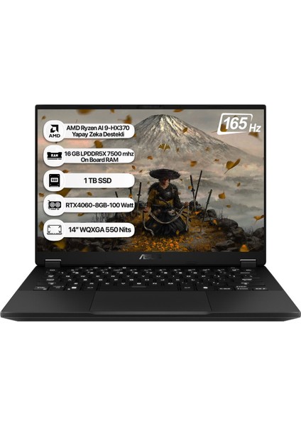 Tuf Gaming A14 FA401WV-RG065 Amd Ryzen Aı 9 HX370 16 GB 1 TB SSD Geforce RTX4060-100WATT 165 Hz Freedos 14" Wqxga Taşınabilir Bilgisayar