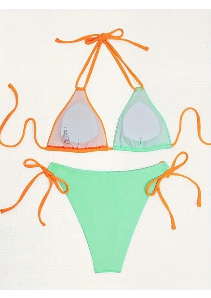 Dokulu Kumaş Kontrast Renkli 2 Parça Bikini, Boyun Askılı modelleri