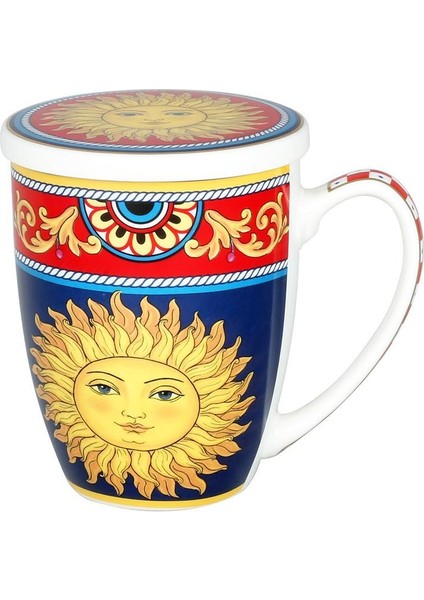 Lucky Art Desenli Bone China Porselen Kapaklı Ve Süzgeçli Kupa 570 ml Lyba 034