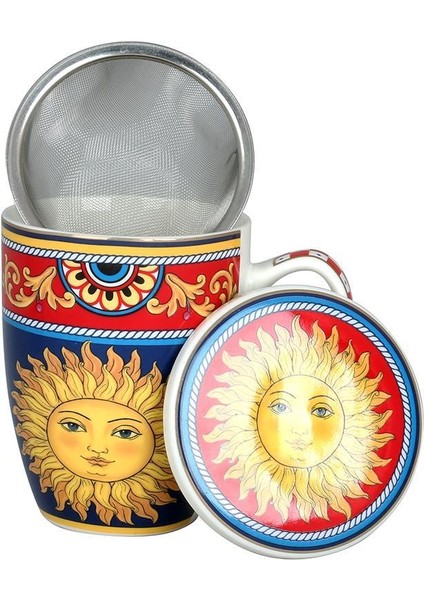 Lucky Art Desenli Bone China Porselen Kapaklı Ve Süzgeçli Kupa 570 ml Lyba 034