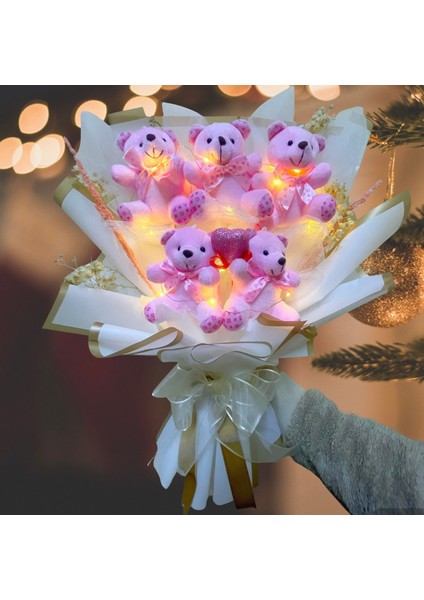 Pembe Renk Ayıcık Buketi Sevgiye Özel Işıklı Buket