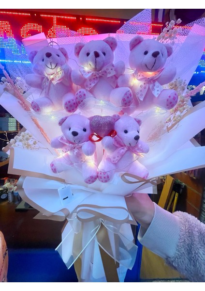 Pembe Renk Ayıcık Buketi Sevgiye Özel Işıklı Buket fiyatları