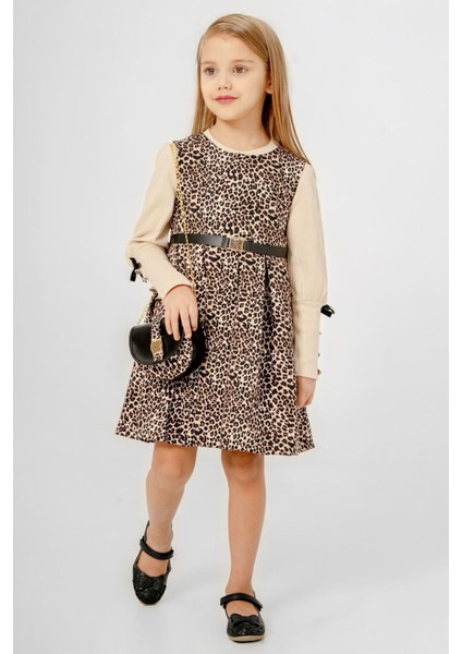 Leopar Desen Çantalı Kemer ve Fiyonk Detaylı Elbise 3 parça kız çocuk - Bej