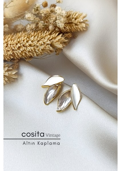 Vintage Ekru Bronz Altın Kaplama Yaprak Küpe