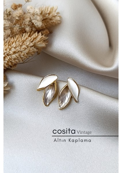 Vintage Ekru Bronz Altın Kaplama Yaprak Küpe