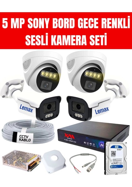 4 Kameralı 5mp Gece Renkli, Sesli, Araç ve Yüz Tanımalı Kamera Seti