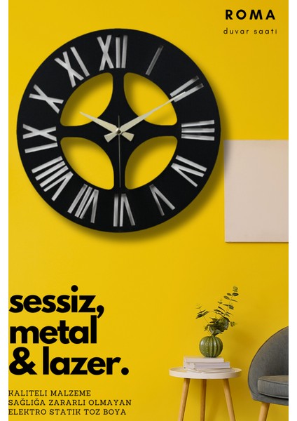 Roma Model Dekoratif Metal Lazer Kesim Akar SESSİZ Mekanizmalı Duvar Saati 40*40cm