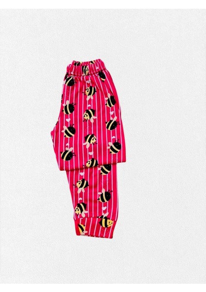 Kız Çocuk %100 Pamuklu Pembe Çiçek Arı Desenli Bisiklet Yakalı Pijama Takımı