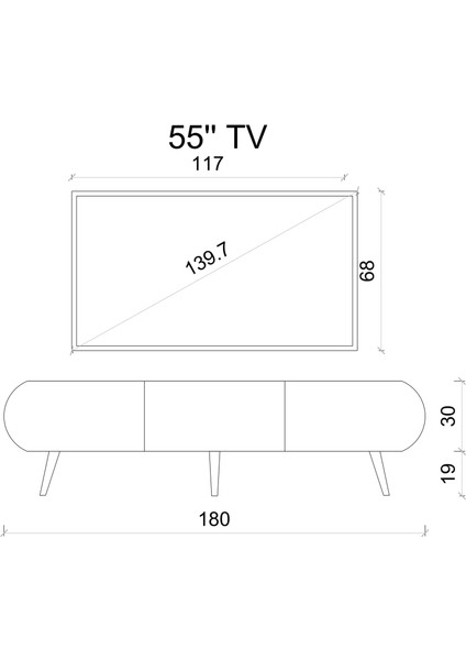 REGULUS Siyah 3 Kapaklı Ahşap Ayaklı 180 cm Modern Tv Ünitesi