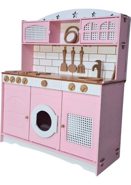 Küçük Şefin Pembe Ahşap Mutfağı 9 Parça Servis Setli