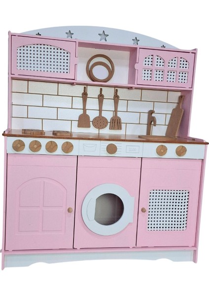 Küçük Şefin Pembe Ahşap Mutfağı 9 Parça Servis Setli