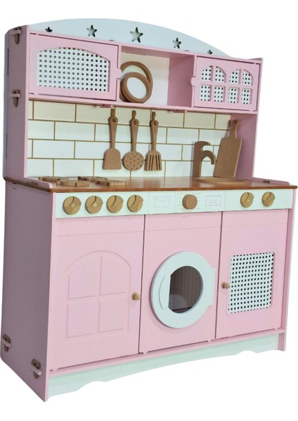 Küçük Şefin Pembe Ahşap Mutfağı 9 Parça Servis Setli