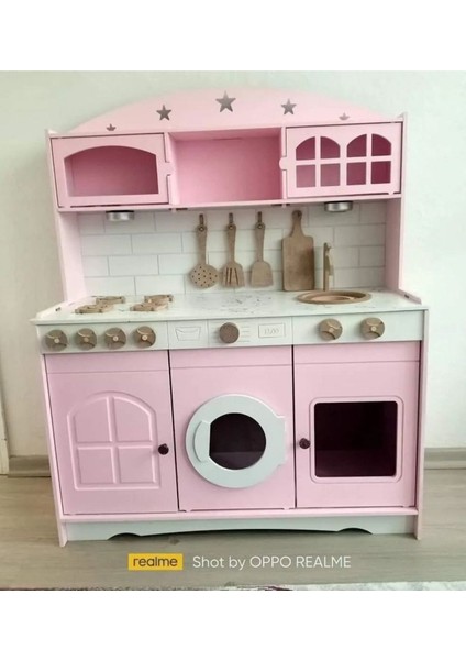 Pembe Boyalı Ahşap Mutfak 7 Parça Servis Seti ve 2 Adet LED Aydınlatma Hediyeli