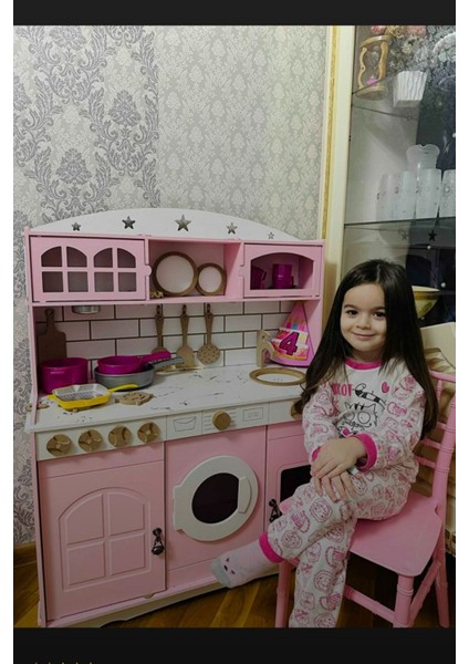 Pembe Boyalı Ahşap Mutfak 7 Parça Servis Seti ve 2 Adet LED Aydınlatma Hediyeli