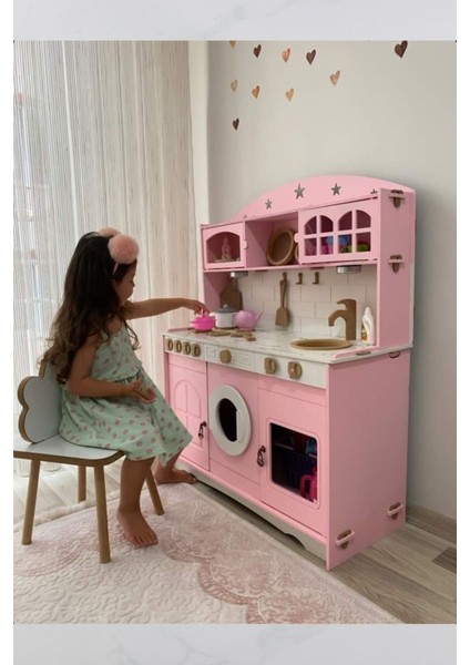 Pembe Boyalı Ahşap Mutfak 7 Parça Servis Seti ve 2 Adet LED Aydınlatma Hediyeli