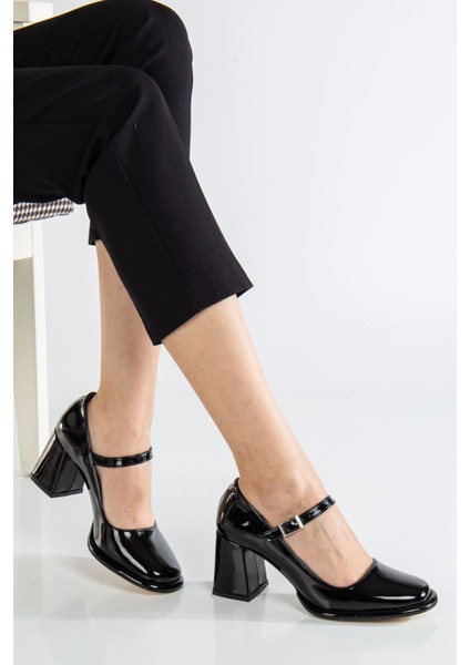 Adelin Kadın Yüksek Topuklu Siyah Rugan Oxford Ayakkabı