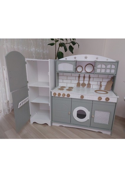 Rattan Şıklığında Ahşap Oyuncak Mutfak ve Buzdolabı modelleri