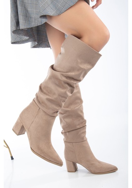 Lise-Britt Nude Süet Körüklü Topuklu Kadın Çizme