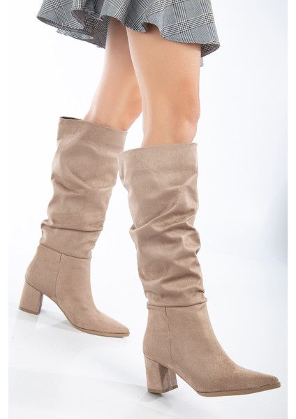 Lise-Britt Nude Süet Körüklü Topuklu Kadın Çizme modelleri