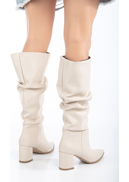 Lise-Britt Krem Körüklü Topuklu Kadın Çizme modelleri