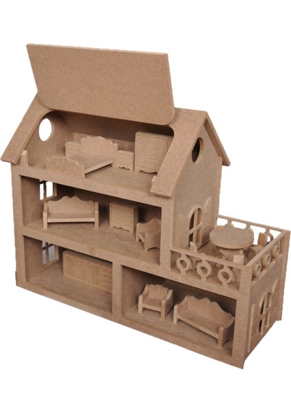 Çocuklar Için Ahşap Oyuncak Bebek Evi(15 Adet Mobilyalı)