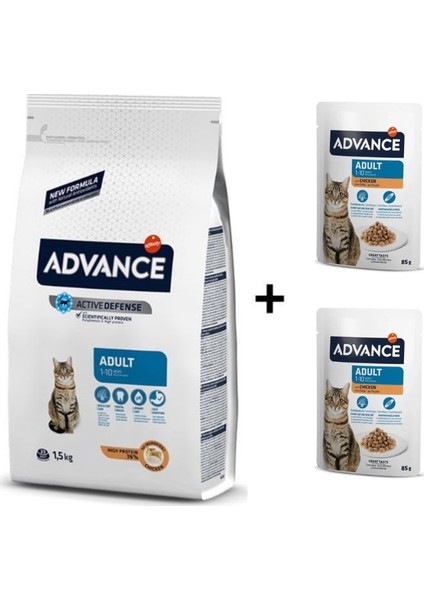 Tavuklu Yetişkin Kedi Maması 1,5 kg + 2 Adet Advance Tavuklu Yetişkin Kedi Pouch Yaş Maması 85 gr