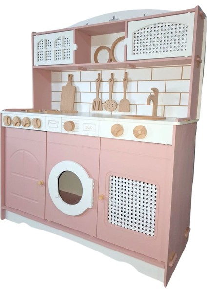 Rattan Şıklığında Elizya Ahşap Oyuncak Mutfak 9 Parça Servis Setli