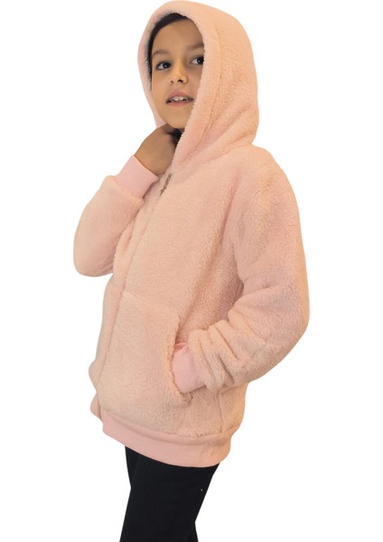 Kız Çocuk Fermuarlı Kapüşonlu Peluş Mont