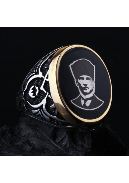 925 Ayar Gümüş Lale Işlemeli Atatürk Motifli Erkek Yüzük