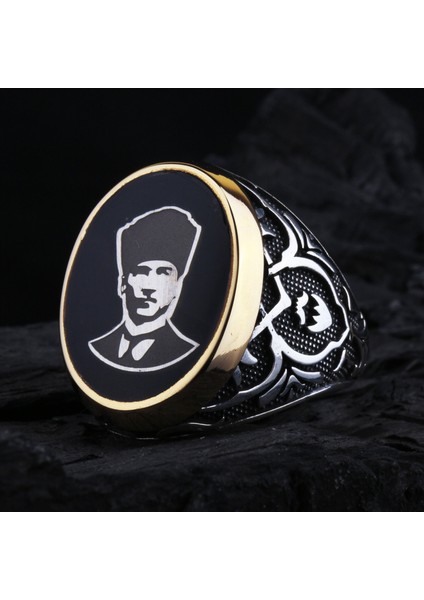 925 Ayar Gümüş Lale Işlemeli Atatürk Motifli Erkek Yüzük fırsatları