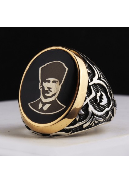 925 Ayar Gümüş Lale Işlemeli Atatürk Motifli Erkek Yüzük indirimleri