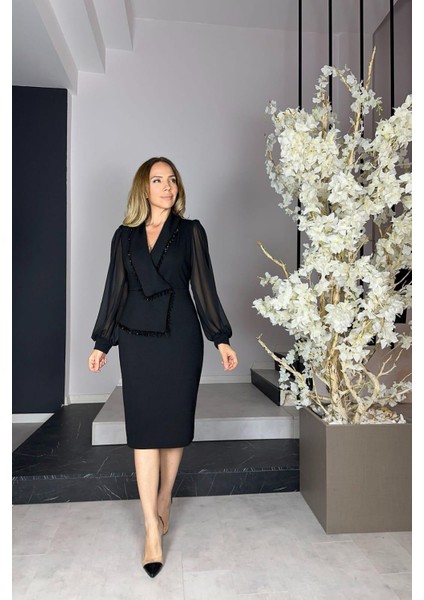 G1186 Taş Detaylı Tasarım Elbise Siyah